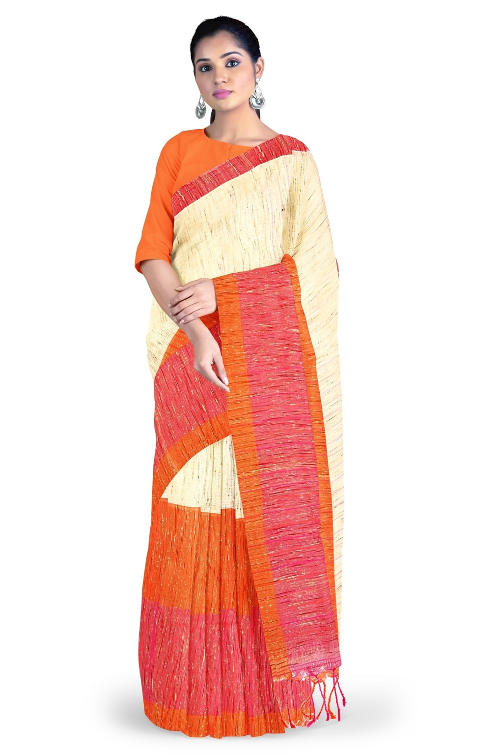 Orange White Pure Cotton Kusu Hand Loom Saree (1281)